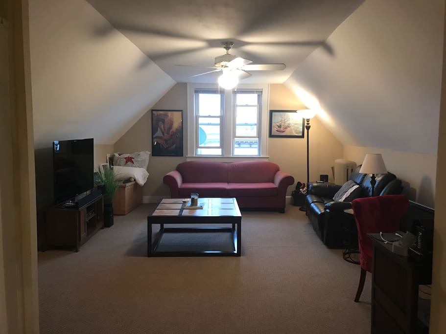 Spacious living room with large closet