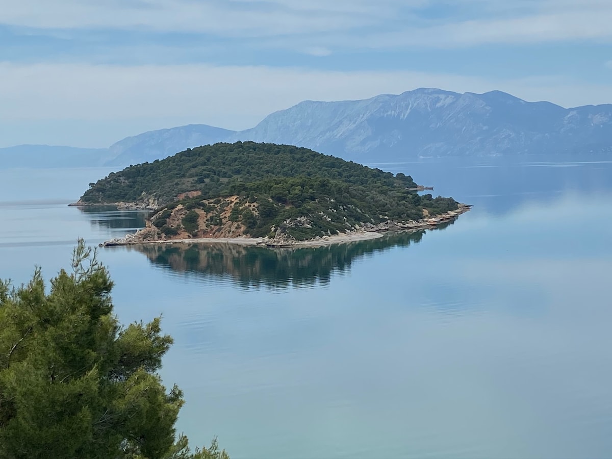 A serene island is depicted amidst calm waters, surrounded by lush greenery. The landscape showcases gentle slopes leading to mountainous terrain in the background, reflecting the peaceful atmosphere of the coastal environment.
