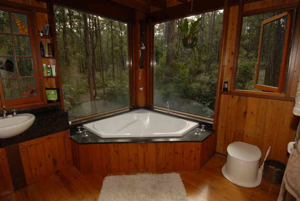 Big corner bath with forest views