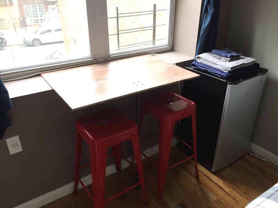Table/desk full of natural light.
The mini fridge is convenient to keep the delicious food from the neighborhood fresh.