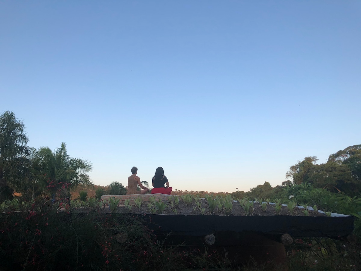 Two individuals are seated on a rooftop terrace, facing a clear sky at dusk. Surrounding greenery enhances the serene setting, with plants arranged along the edge of the terrace creating an inviting atmosphere for relaxation and meditation.