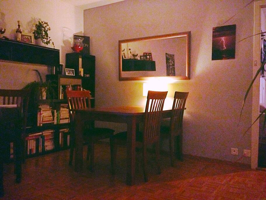 Living room with a lot of books (mostly in French) , Tv, sofa , dining table