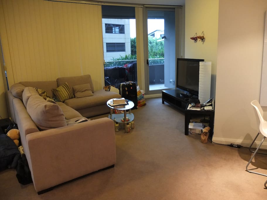 Living room with TV and blu-ray player.