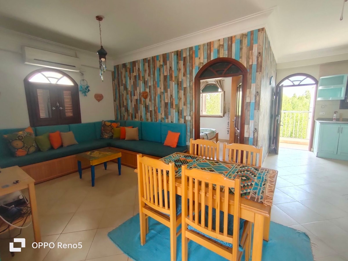 A bright living space features a comfortable seating area with turquoise and orange cushions. A wooden table sits beside a dining set with four chairs. Textured walls with alternating colors enhance the inviting atmosphere. An open doorway leads to a kitchen area, visible in the background.