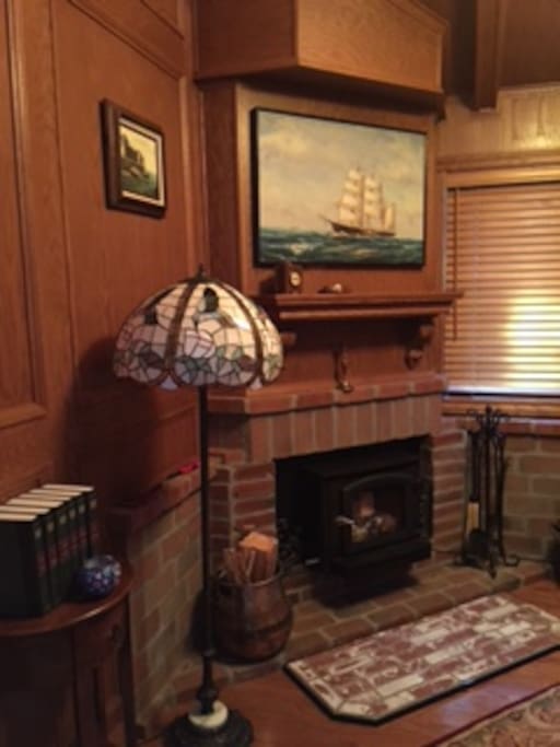 Library with fireplace