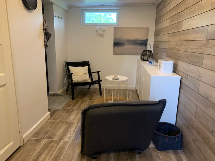 Basement relaxation area next to entry to sauna 