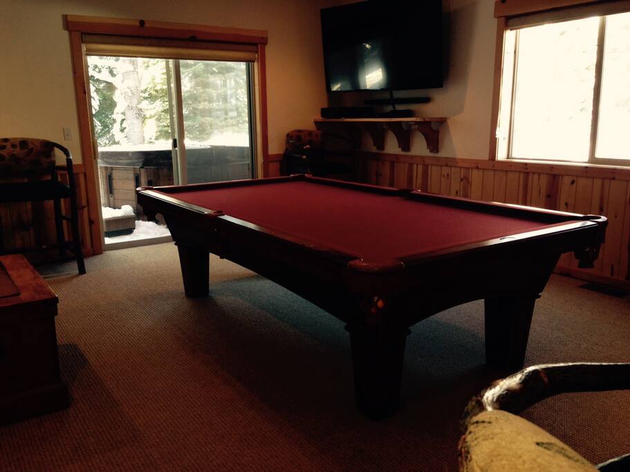Pool table and new spa on deck outside