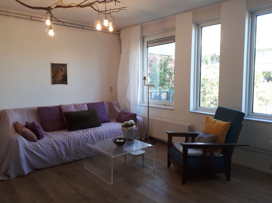 Living room, half with sofa, the other half with dining table and tv-shelf.
