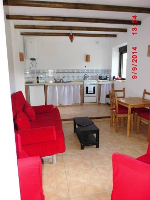 Living area showing kitchen and sofa bed
