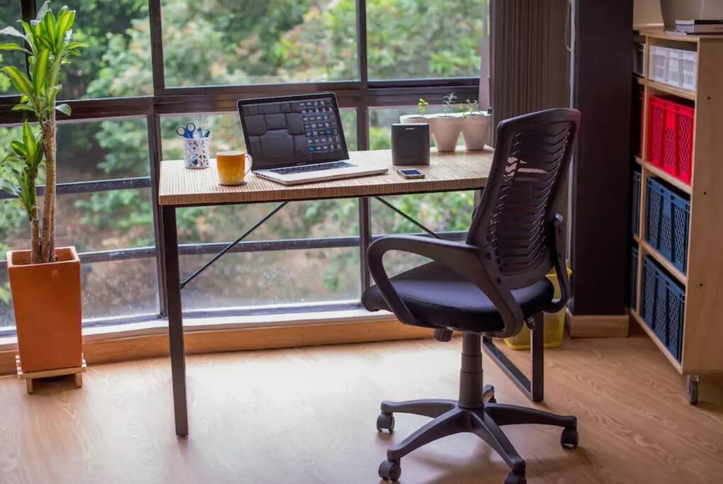 Work space facing the green area outside the building. A creek passing by.