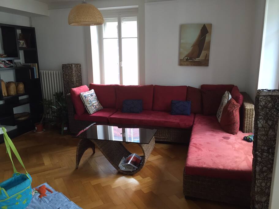 Living room area where couch can transform into bed.