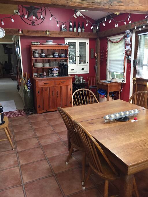 Kitchen with open shelving for dishes.