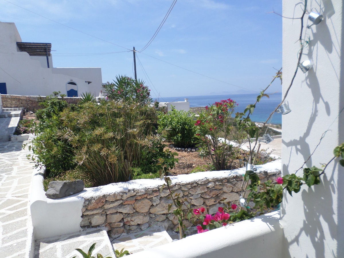 A garden area is visible, featuring a variety of lush greenery and colorful flowers. Stone pathways lead through the plants, with a distant view of the sea framed by bright blue skies. A wall and part of a building are seen in the background.