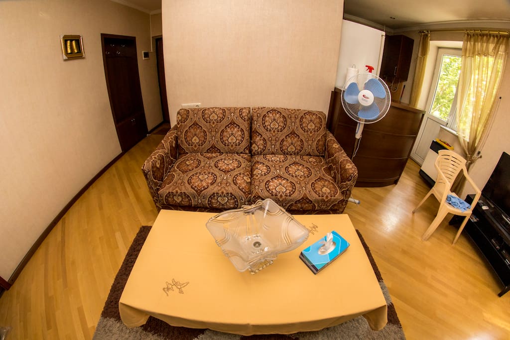 Opening sofa in the living room. Opens to a 150 cm wide double bed.