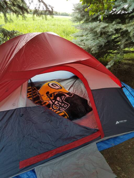 4 MAN TENT (WITH SLEEPING PADS) ALREADY SET UP FOR YOU UNDER THE TREES!