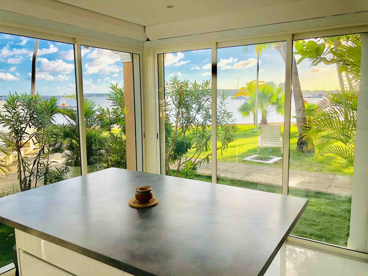 A modern dining area features a sleek gray countertop with a small cup placed atop it. Expansive glass walls provide unobstructed views of lush greenery and a calm lagoon, with palm trees visible in the background under a bright sky.