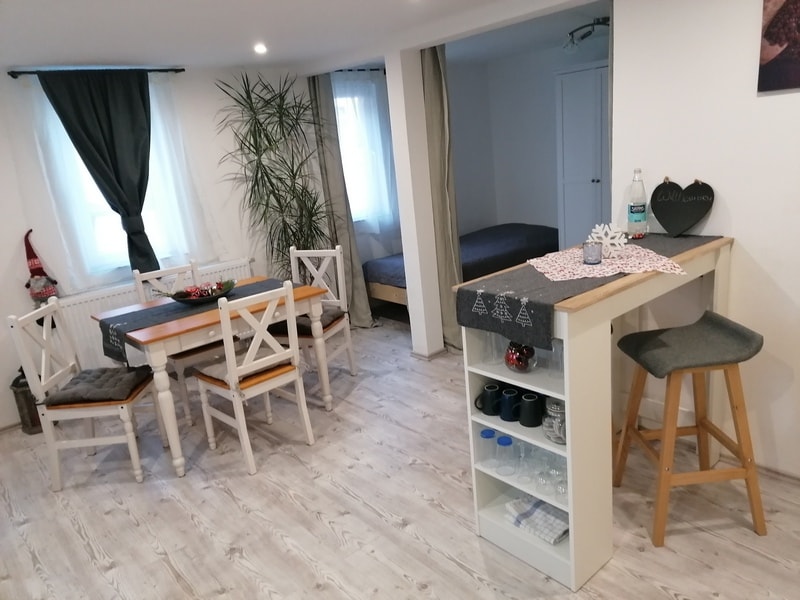 A dining area with a wooden table and six chairs is complemented by a counter bar with seating for two. Natural light enters through the curtains, illuminating the space. In the background, an open sleeping area is visible, separated by a light partition.