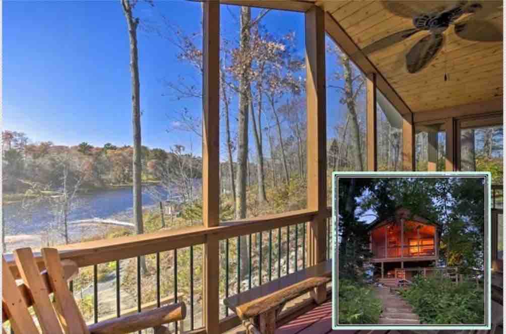 A screened-in porch displays wooden seating with scenic views of the lake and surrounding woods. Sunlight filters through the trees, reflecting on the tranquil water. An inset image shows the exterior of the cabin, illuminated from within, surrounded by lush greenery.