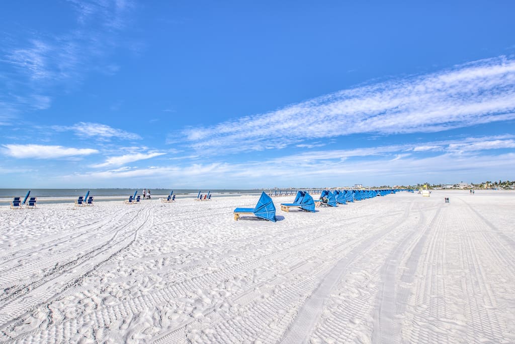 Beautiful white sand beach steps away. Rent cabanas, beach chairs, umbrellas, jet skis, and parasail.