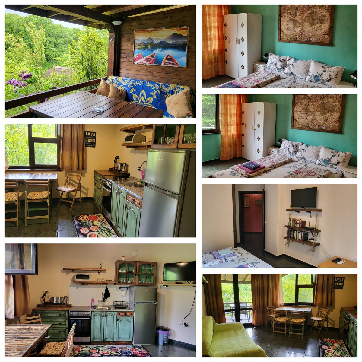 The spacious living area features a comfortable seating arrangement with decorative cushions and a vibrant wall art piece. A fully equipped kitchen is visible, along with a dining table set for four. Windows allow natural light to illuminate the room, creating a bright atmosphere.