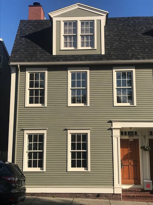 Front of townhouse in historic gaslight district of Charlestown.