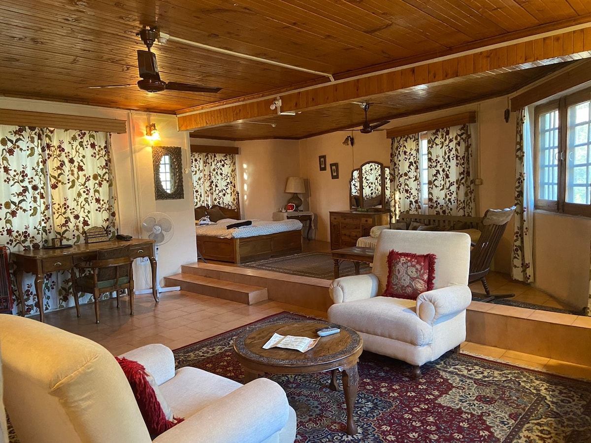A spacious lounge area features two comfortable armchairs and a wooden coffee table. Decorative curtains with floral patterns frame the windows, while a cozy bed is positioned in the background. The warm wooden ceiling complements the terracotta floor tiles, creating a welcoming atmosphere.
