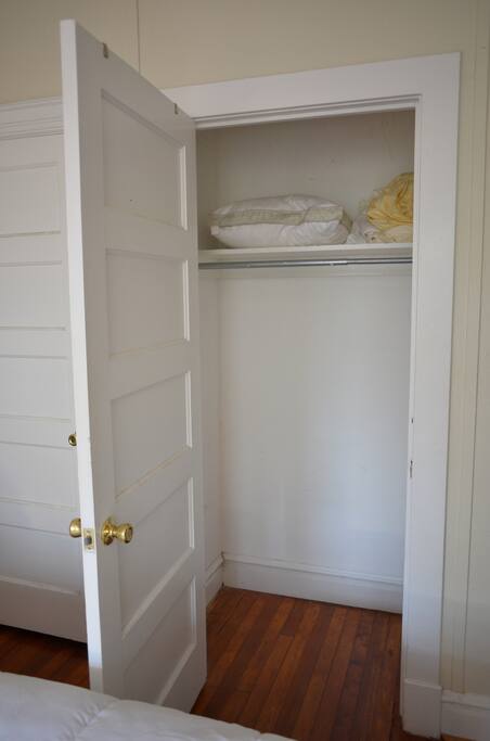 Your storage room. I'll keep my stuff in one closet and the dresser. This entire closet is yours during your stay.