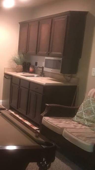 Wet bar, mini fridge, speakers, microwave, cabinets with utensils