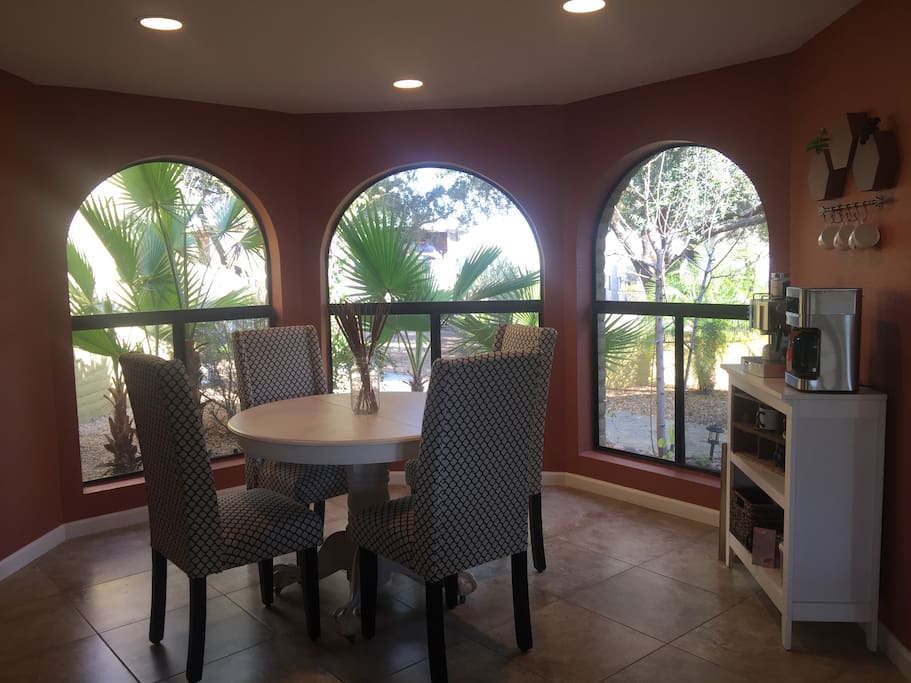 Breakfast nook with coffee and espresso bar.