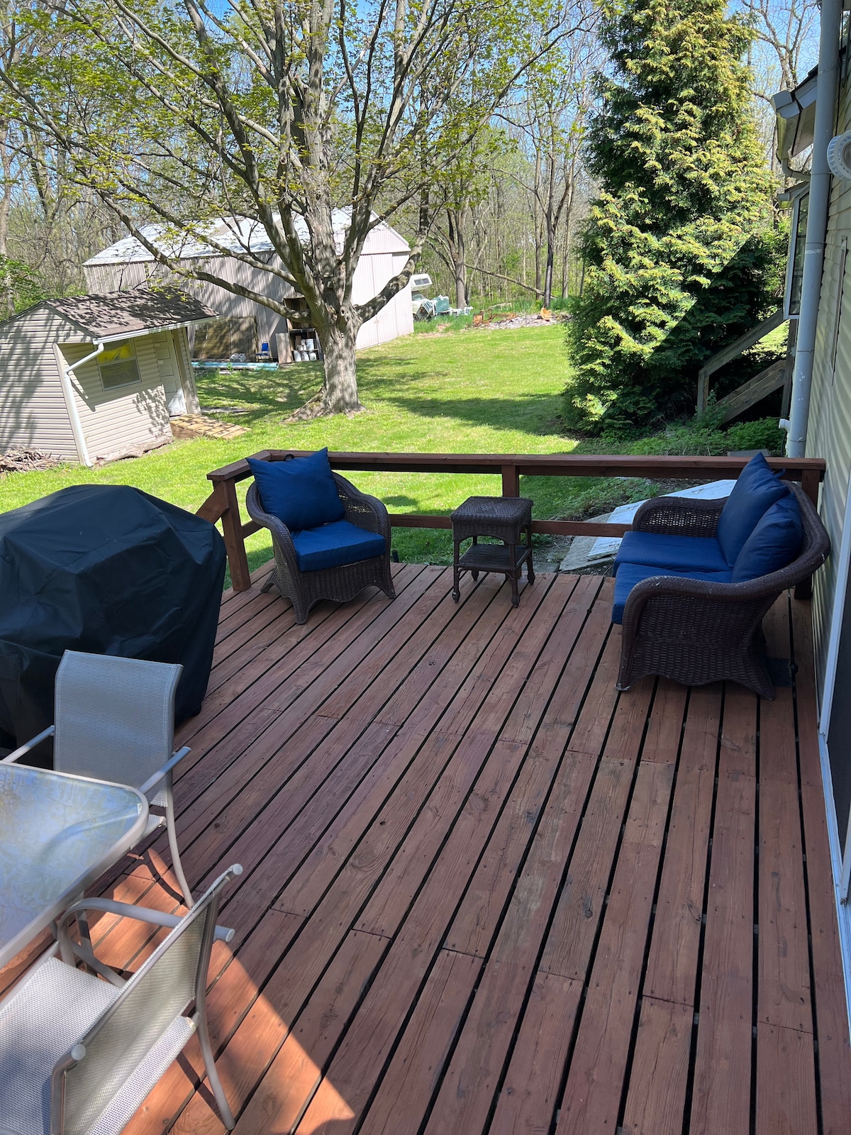 A wooden deck features outdoor seating with plush blue cushions and a small table. A grill is situated on one side, while a green backyard is visible in the background, framed by trees and distant structures.