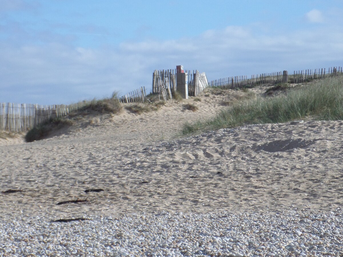 The image depicts a sandy beach with an undulating terrain. A weathered wooden fence is visible in the background, indicating a pathway or entrance. Patches of grass and tufts of vegetation emerge from the sand, complementing a partly cloudy blue sky.