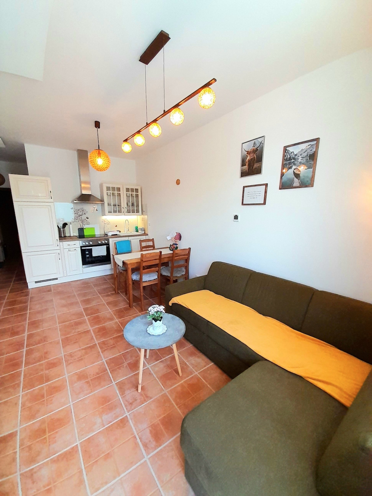 The living area showcases a cozy sofa complemented by a bright orange throw. A wooden dining table seats four, while the equipped kitchen is visible in the background. Warm lighting from a hanging fixture enhances the inviting atmosphere.