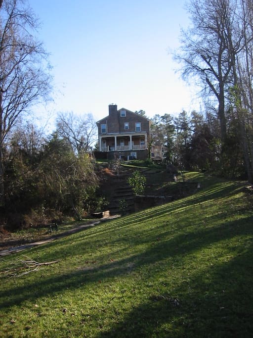 view from the Appomattox River looking up to the house.
