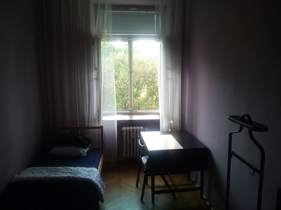 Great thing is that in the room there are blinds on the window. So it can be very dark if someone needs.