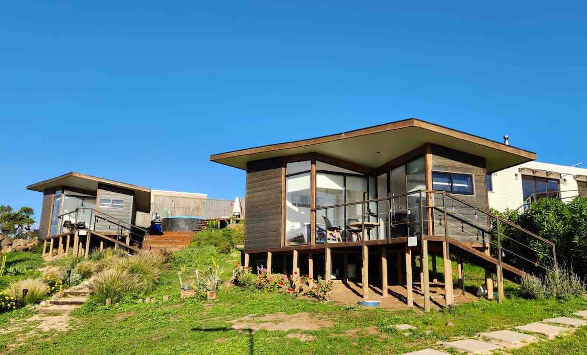 Two modern tiny houses are situated on elevated platforms, showcasing large glass windows that offer views of the surrounding landscape. Wooden decks are connected by a pathway lined with green grass and flowering plants, emphasizing the natural setting.