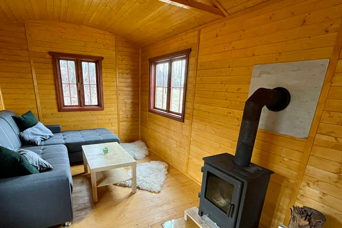 The interior of the maringotka features wooden paneling and simple furnishings. A gray sofa is positioned next to a small coffee table, with a cozy area rug underneath. A wood-burning stove rests on the floor, and two windows illuminate the space with natural light.