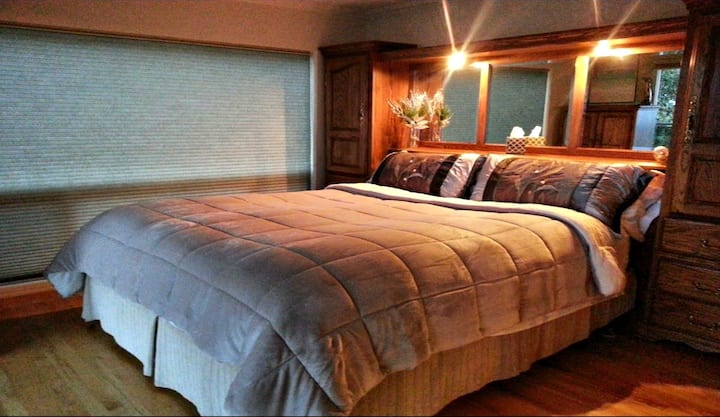 California Queen bed in master bedroom upstairs. Walk-in closet & dresser.