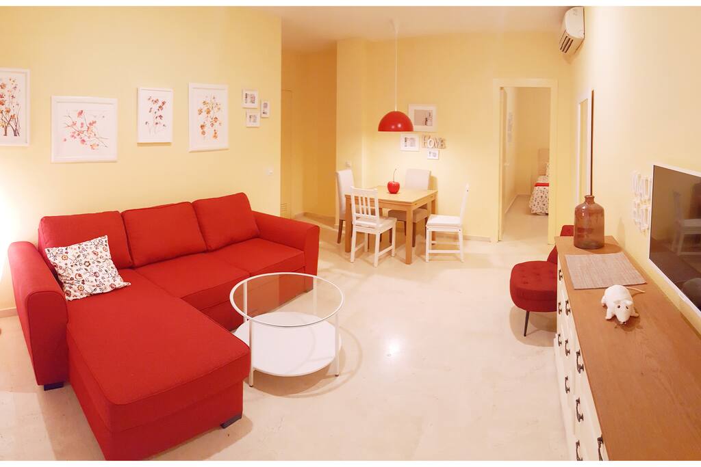 Living - Dining room. The sofa turns into a double bed