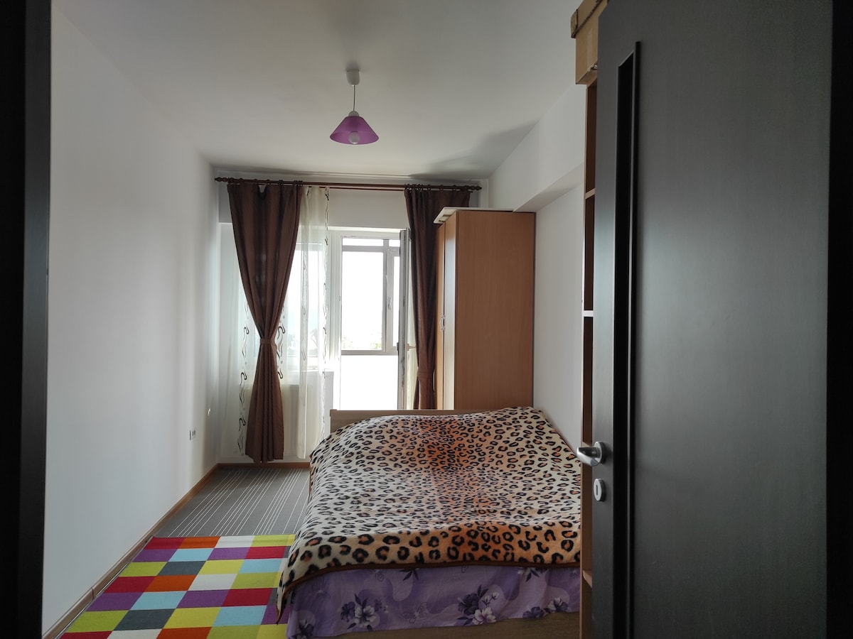 A brightly lit bedroom is visible, featuring a spacious bed with a leopard-print blanket. A colorful patterned rug covers the floor, while large windows with sheer curtains allow natural light to enter. A wardrobe and shelving unit are positioned against the wall.
