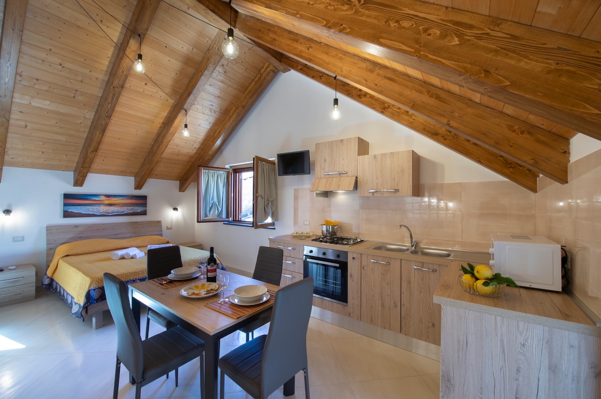 An open living space features a wooden-beamed ceiling and a cozy kitchen area. A dining table with four chairs sits in front of a window, while a spacious bed is positioned against the wall beside artwork depicting a sunset. Natural light floods the room.