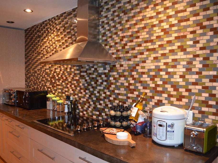 Gallery Kitchen with Glass Tiles & Like New Appliances & Dishware