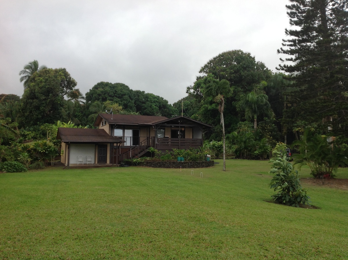 A spacious yard is shown, featuring well-maintained grass and diverse tropical plants. In the background, a two-story cottage stands with dark brown siding, surrounded by lush greenery. The patio area is visible, showcasing steps leading to the entrance.