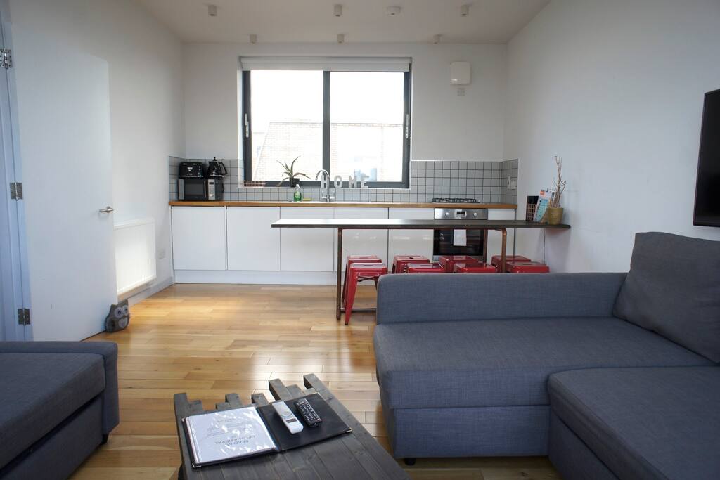 Here's your living room and kitchen area