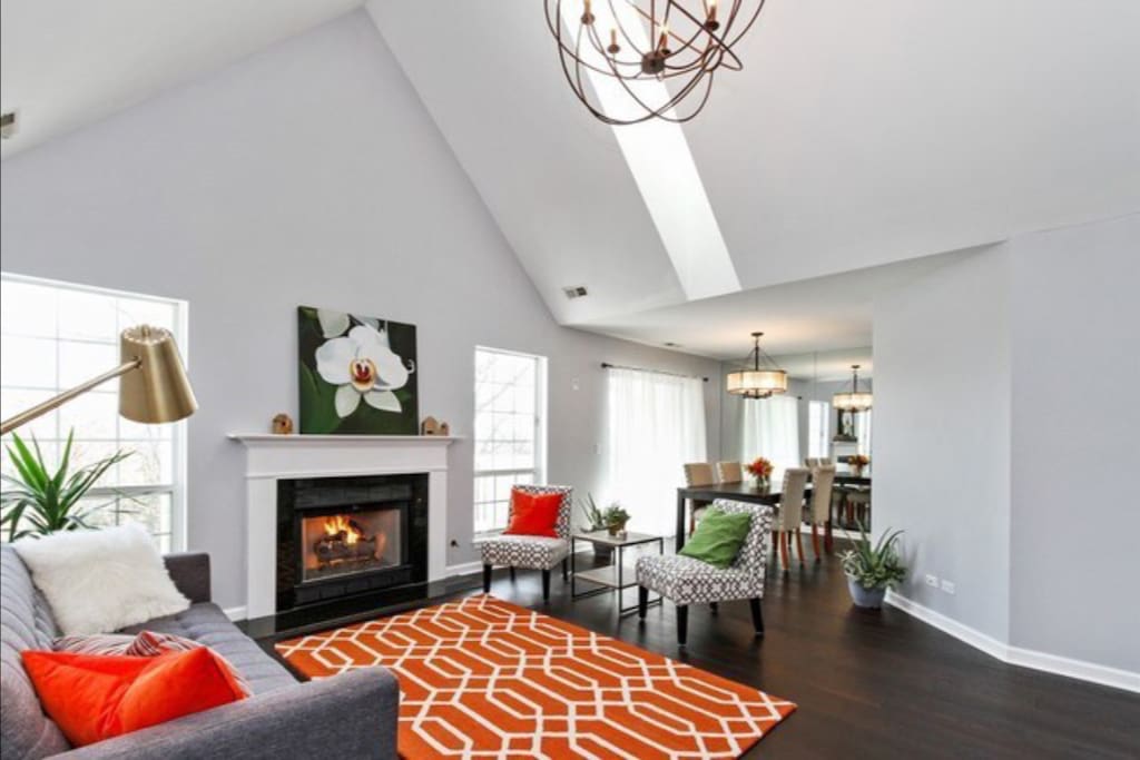 Living Room with view of Dining Room, Gas Fireplace
