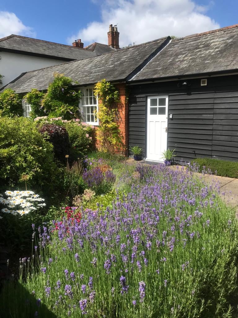 A charming cottage exterior is surrounded by a vibrant garden filled with blooming lavender and colorful flowers. The entrance features a white door framed by greenery. The slate roof and wooden siding provide a rustic appeal, while sunlight dances on the bright foliage.