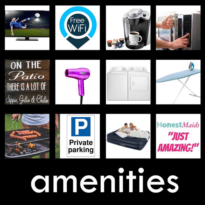Comodidades incluyen: Internet WIFI, Televisor, Cafetera Moderna Keurig,
Mini-Refrigerador con congelador,
Micro-ondas,
Patio Privado,
Tabla de planchar, Estacionamento Privado, Camas inflables y cuartos extra si ocupan,
Parillas de cocinar,
lavadora/secadora en lugar disponibles.
