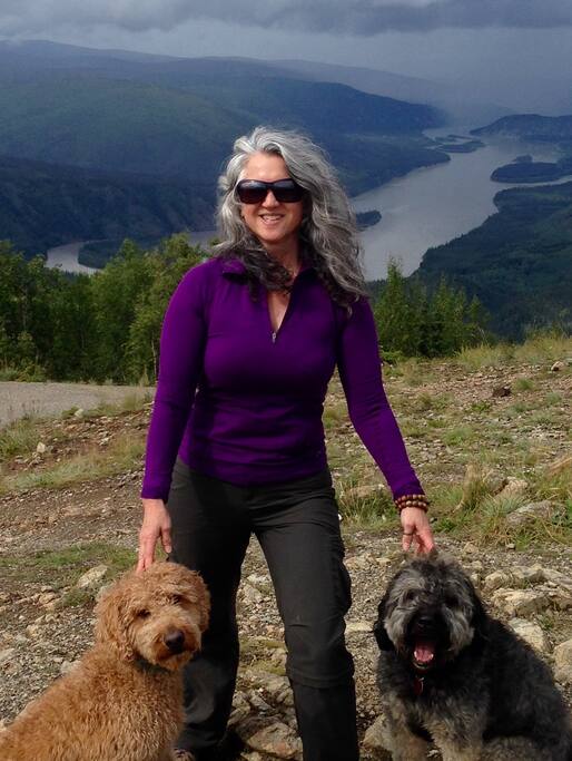 Hi, I'm Dana with my hiking buds and maintenance crew managers Sirius and Fergus.