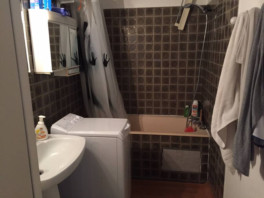 Baignoire, machine a laver, 2 mirroirs, placard rangement.