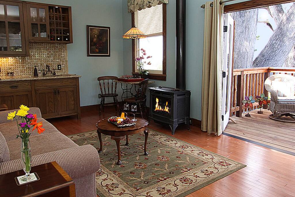 Living room with sofa bed and fire place