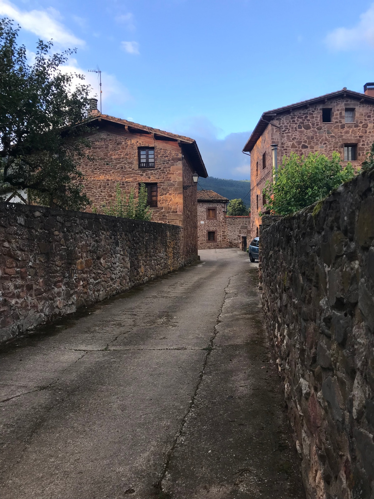 A narrow, cobblestone passageway is bordered by rustic stone walls and leads toward a cluster of old buildings. The architecture features warm earthy tones, while trees provide subtle greenery along the path. A glimpse of mountainous terrain is visible in the background under a partly cloudy sky.